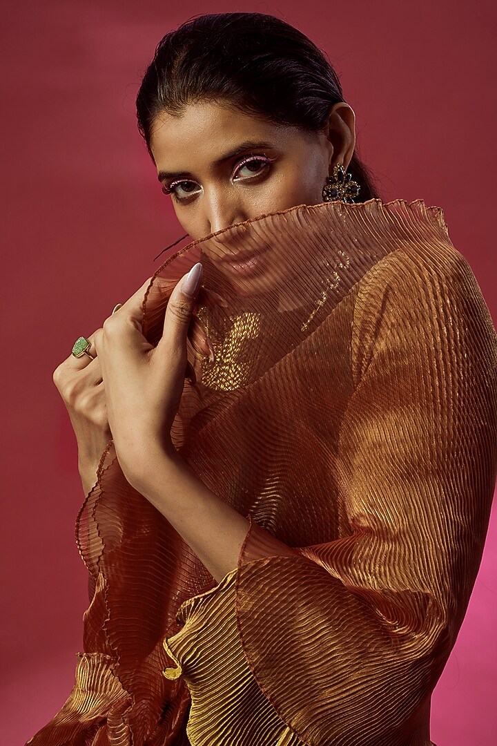 Mustard Pleated Polyester Printed Cocktail Dress With Drape by Kiran Uttam Ghosh at Pernia's Pop Up Shop