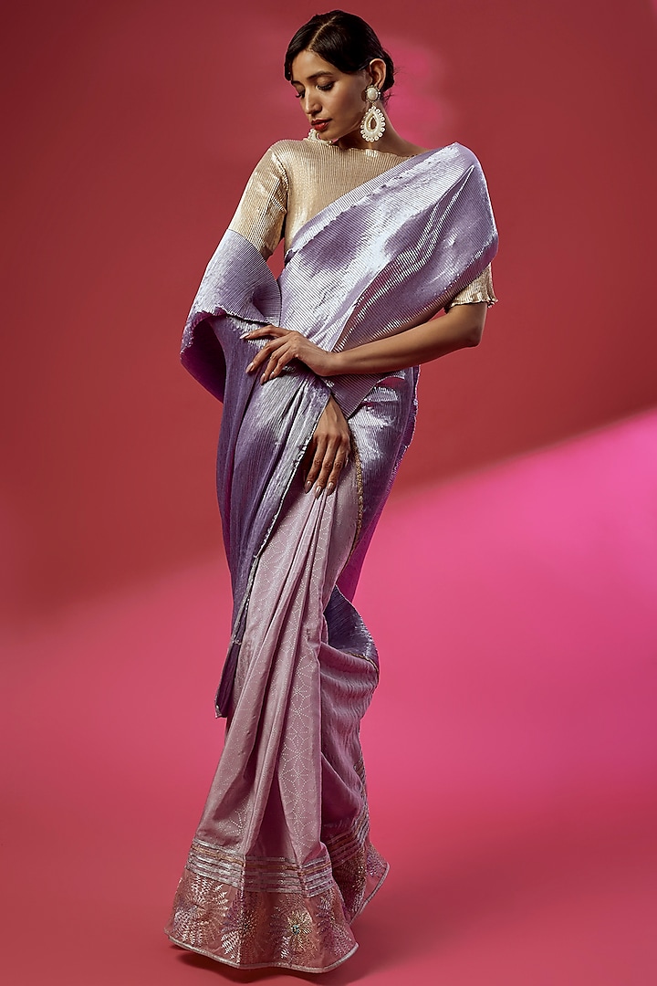 Lavender & Pink Pleated Polyester Sequins Embroidered Saree Set by Kiran Uttam Ghosh at Pernia's Pop Up Shop