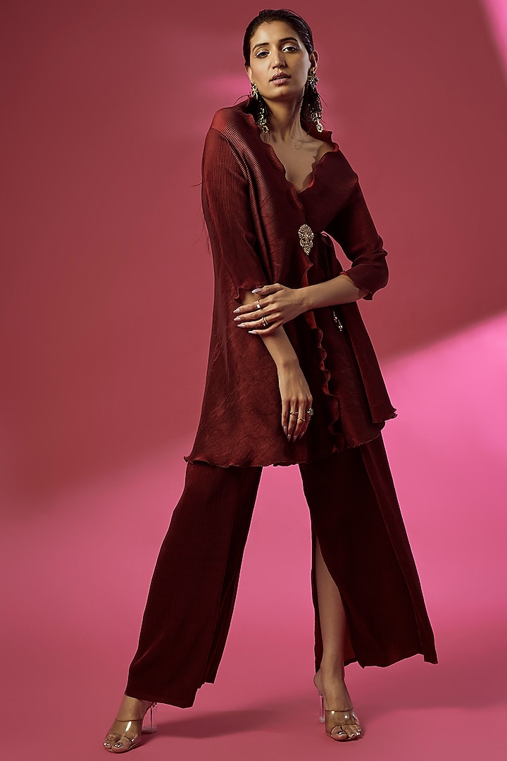 Maroon Pleated Polyester Co-Ord Set by Kiran Uttam Ghosh