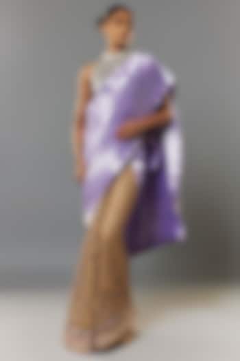 Lavender & Gold Pleated Polyester Embroidered Wedding Saree Set by Kiran Uttam Ghosh at Pernia's Pop Up Shop