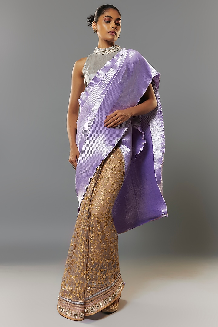 Lavender & Gold Pleated Polyester Embroidered Wedding Saree Set by Kiran Uttam Ghosh at Pernia's Pop Up Shop