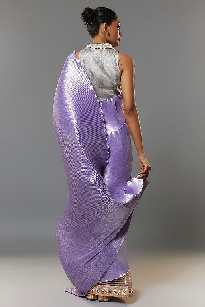 Lavender & Gold Pleated Polyester Embroidered Wedding Saree Set by Kiran Uttam Ghosh at Pernia's Pop Up Shop