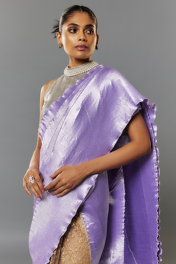 Lavender & Gold Pleated Polyester Embroidered Wedding Saree Set by Kiran Uttam Ghosh at Pernia's Pop Up Shop
