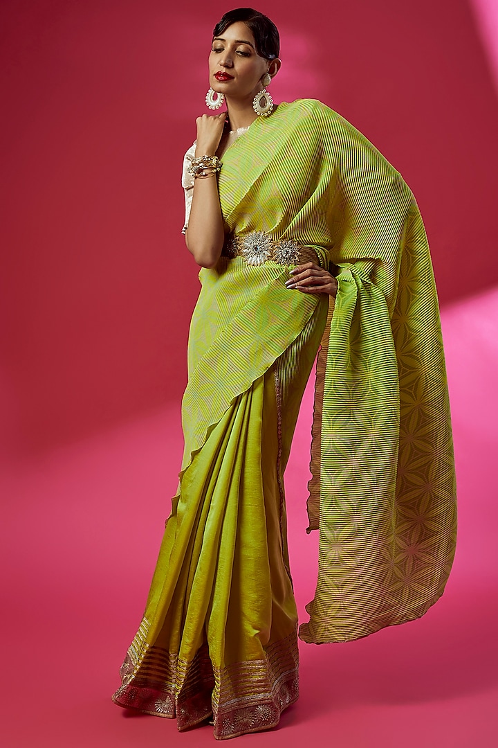 Lime Green Pleated Polyester Printed & Embroidered Saree Set
 by Kiran Uttam Ghosh at Pernia's Pop Up Shop