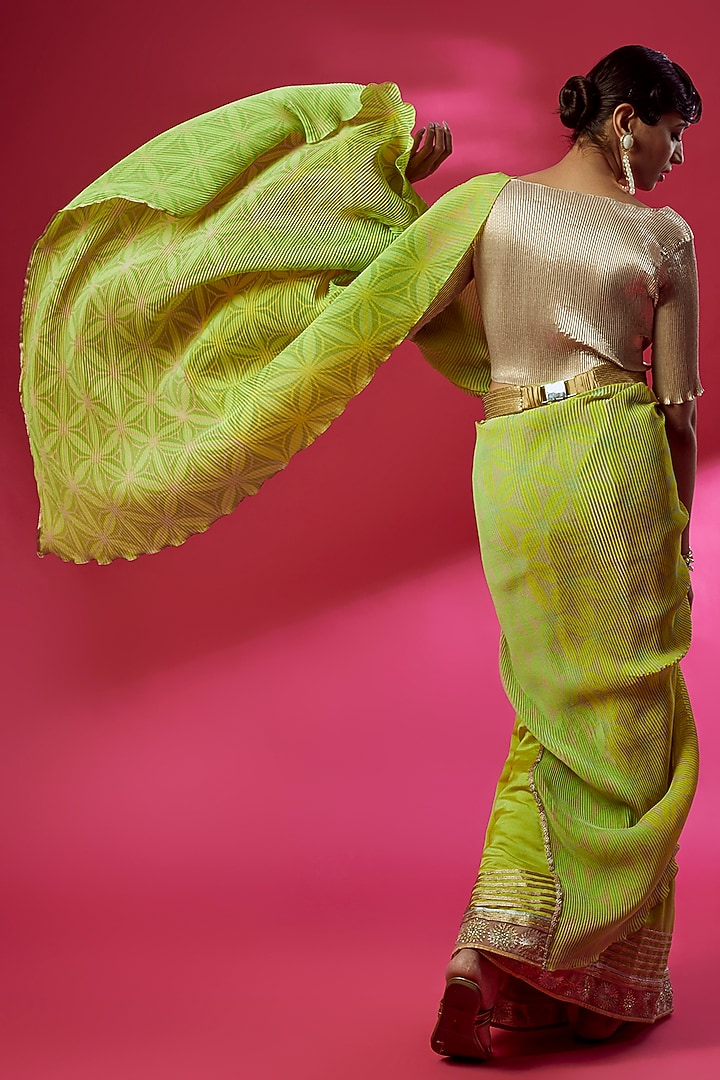 Lime Green Pleated Polyester Printed & Embroidered Wedding Saree Set
by Kiran Uttam Ghosh at Pernia's Pop Up Shop