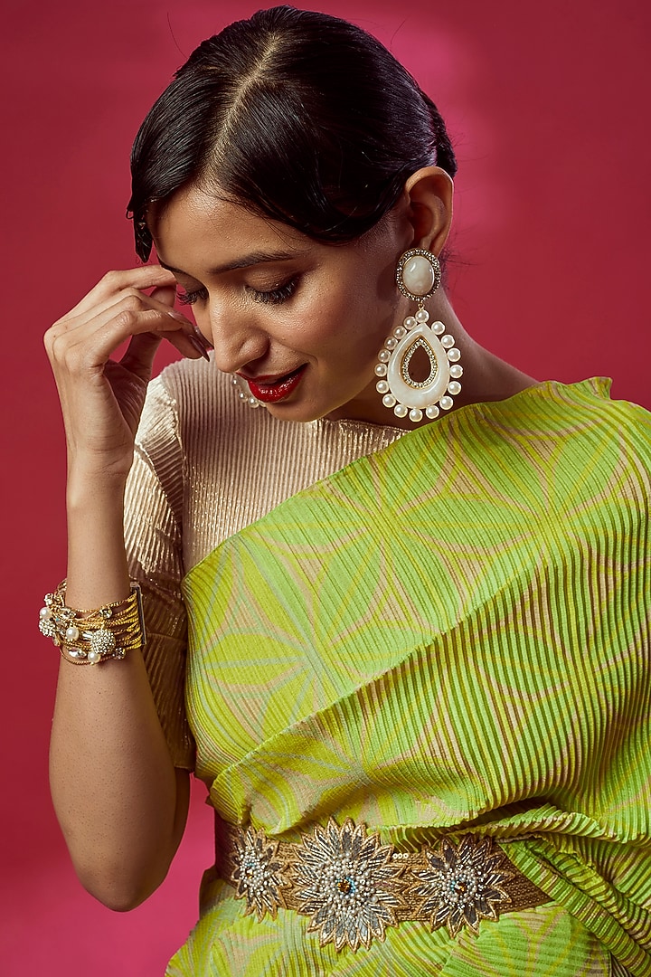 Lime Green Pleated Polyester Printed & Embroidered Wedding Saree Set
by Kiran Uttam Ghosh at Pernia's Pop Up Shop