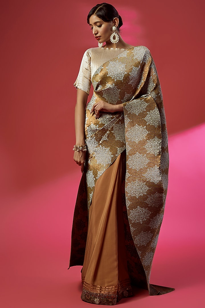 Gold Pleated Polyester Embroidered & Printed Saree Set by Kiran Uttam Ghosh
