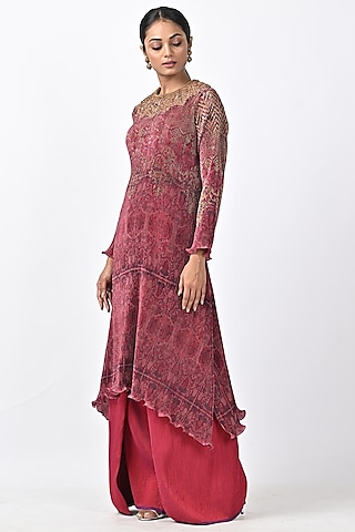 Red Pleated Polyester Digital Printed Kaftan by Kiran Uttam Ghosh