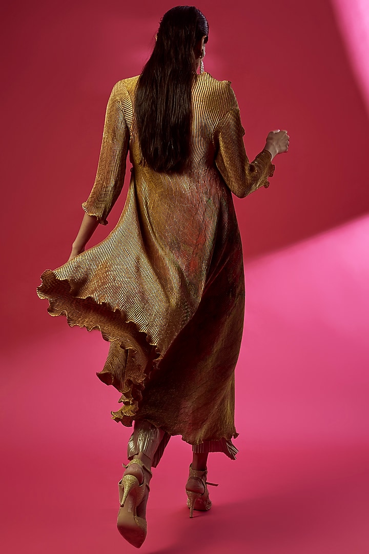 Mustard Pleated Polyester Digital Printed Angrakha Kurta by Kiran Uttam Ghosh at Pernia's Pop Up Shop