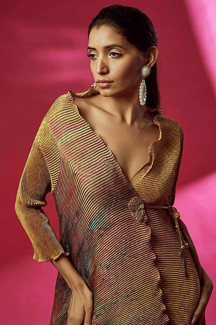 Mustard Pleated Polyester Digital Printed Angrakha Kurta by Kiran Uttam Ghosh at Pernia's Pop Up Shop
