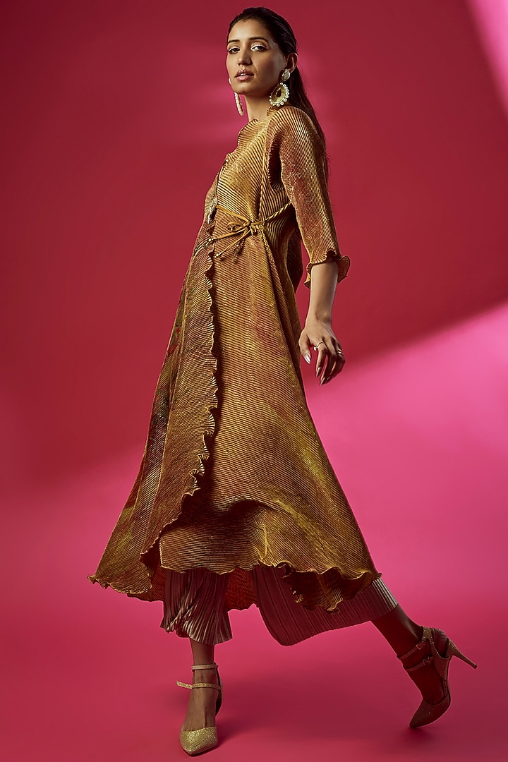 Mustard Pleated Polyester Digital Printed Angrakha Kurta by Kiran Uttam Ghosh at Pernia's Pop Up Shop