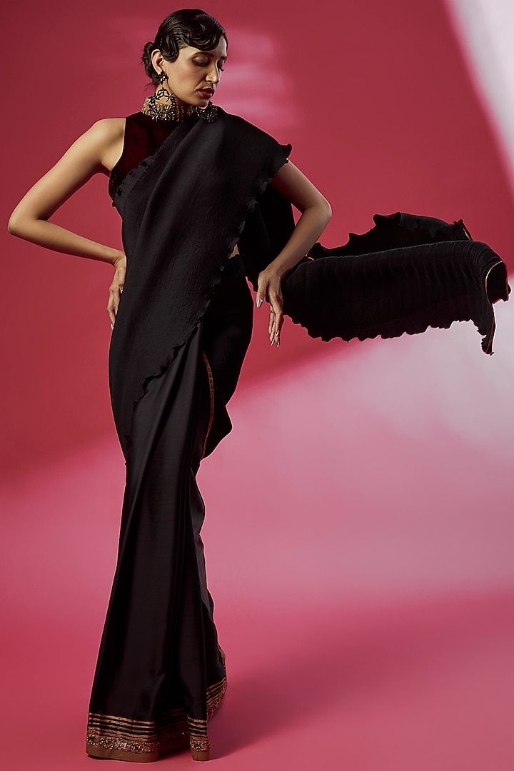 Black Pleated Polyester Embroidered Saree Set by Kiran Uttam Ghosh