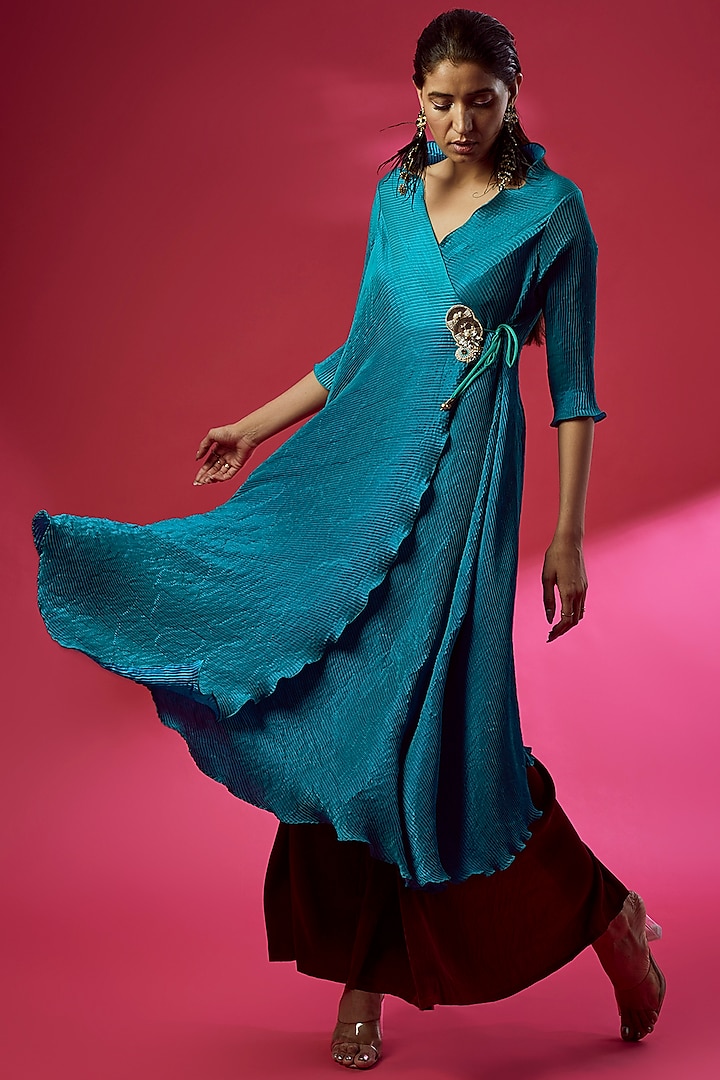 Turquoise Pleated Polyester Embroidered Angrakha Kurta by Kiran Uttam Ghosh