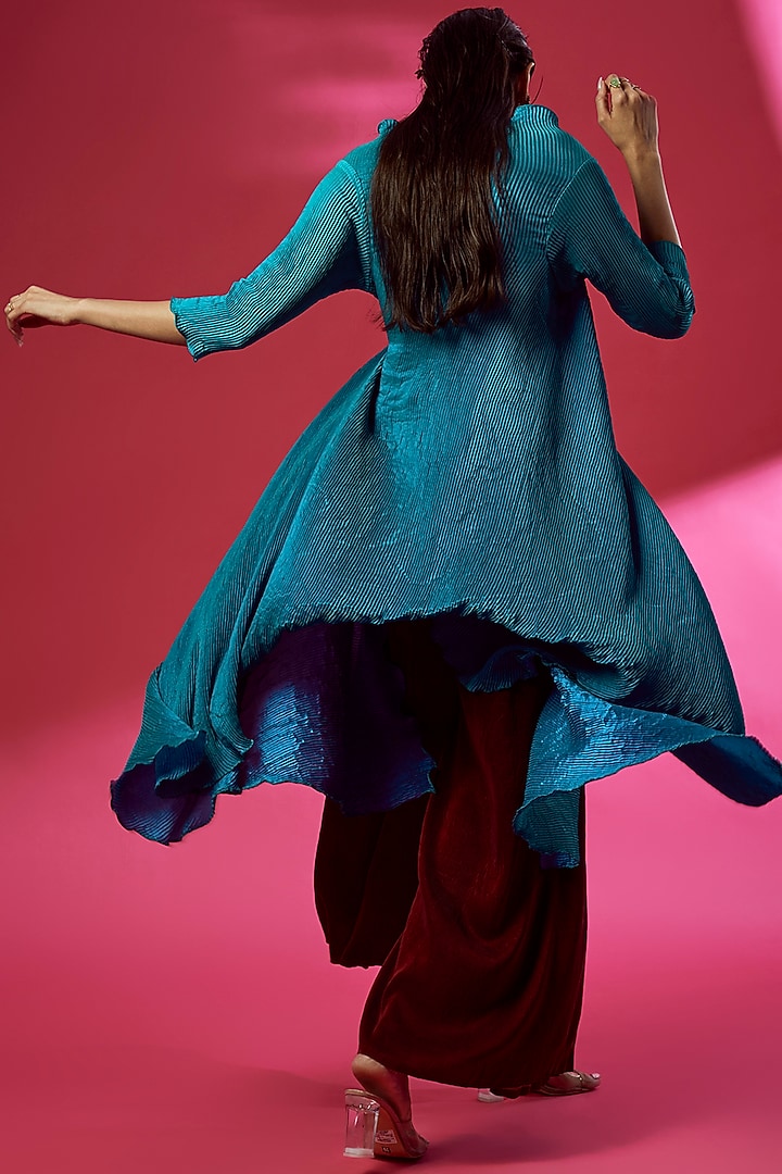 Turquoise Pleated Polyester Embroidered Angrakha Kurta by Kiran Uttam Ghosh at Pernia's Pop Up Shop