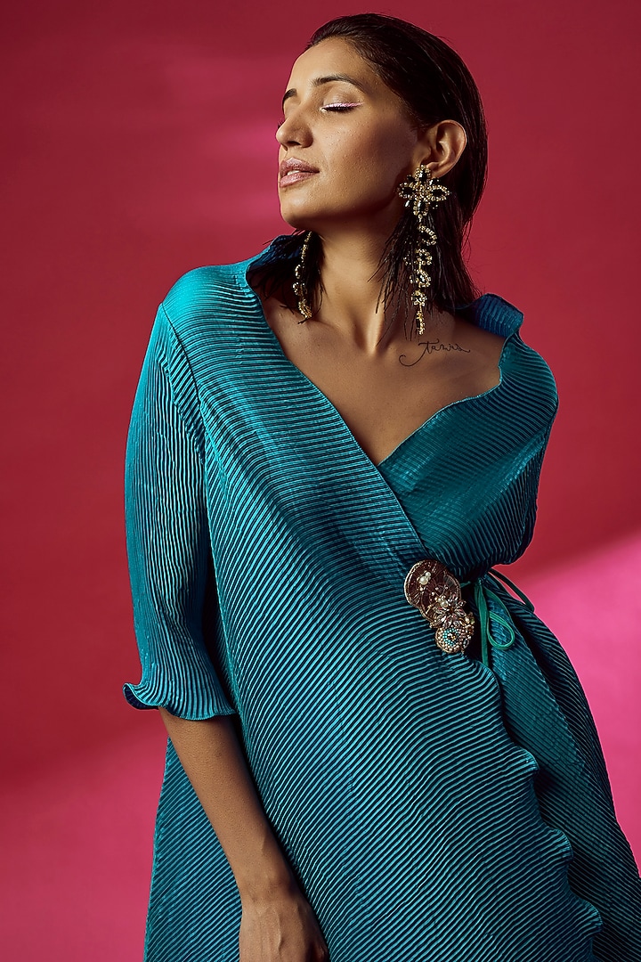 Turquoise Pleated Polyester Embroidered Angrakha Kurta by Kiran Uttam Ghosh at Pernia's Pop Up Shop