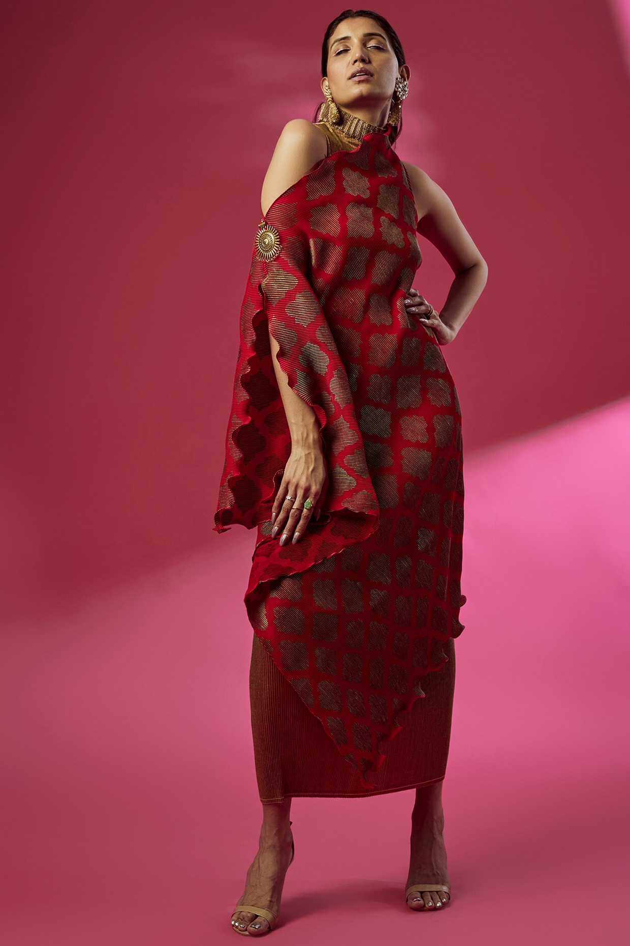 Red Pleated Polyester Printed Dress With Drape Design by Kiran