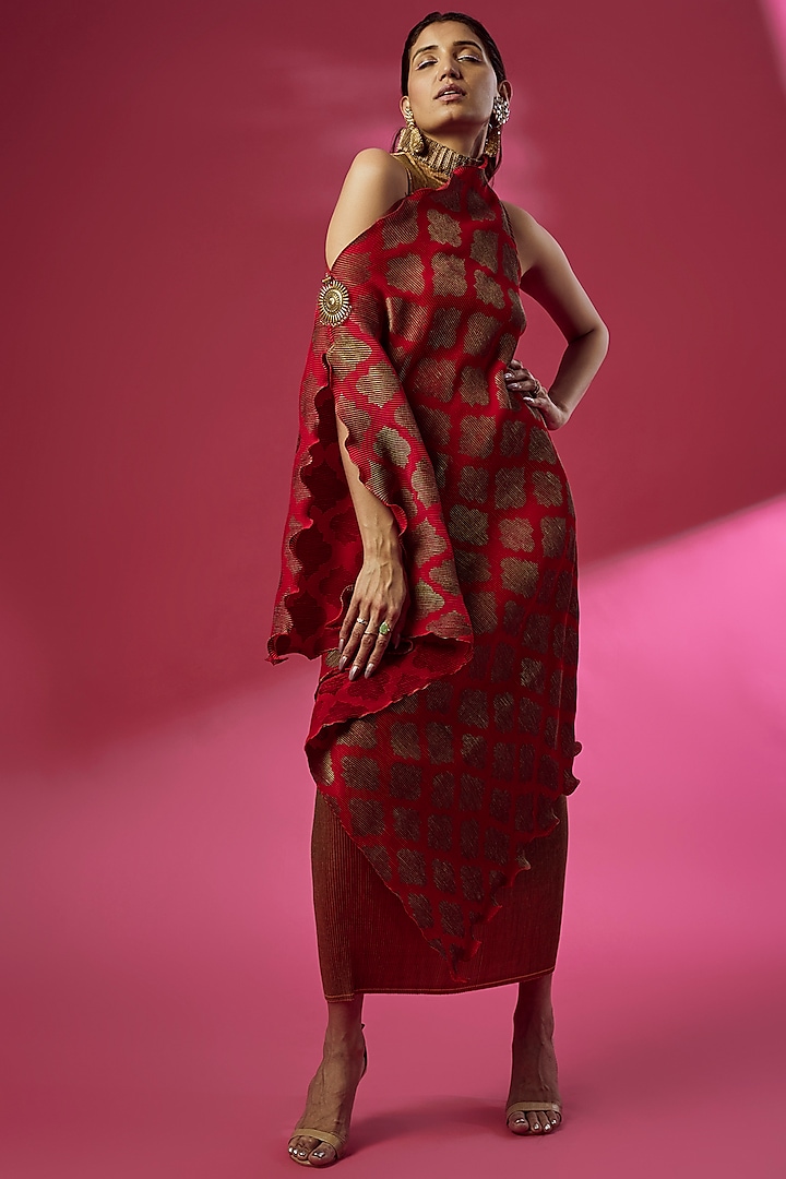 Red Pleated Polyester Printed Dress With Drape by Kiran Uttam Ghosh