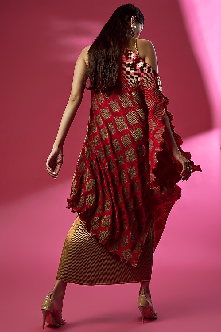 Red Pleated Polyester Printed Cocktail Dress With Drape by Kiran Uttam Ghosh at Pernia's Pop Up Shop
