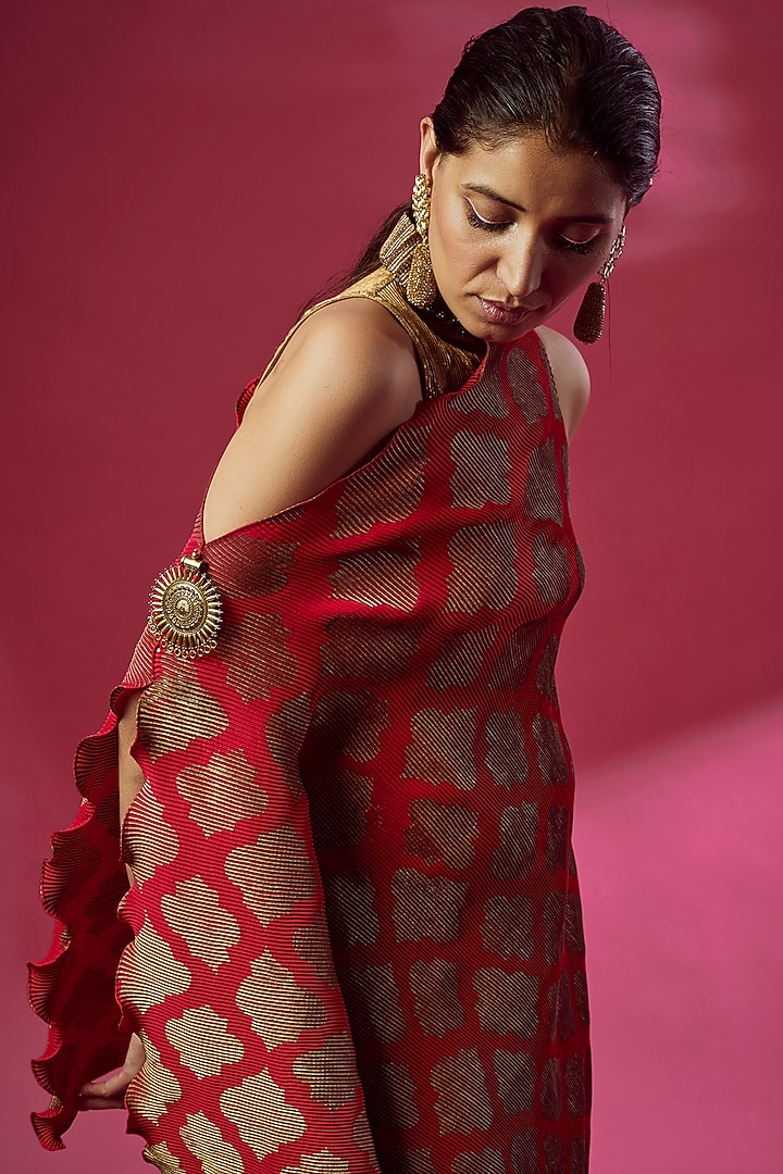 Red Pleated Polyester Printed Cocktail Dress With Drape by Kiran Uttam Ghosh at Pernia's Pop Up Shop