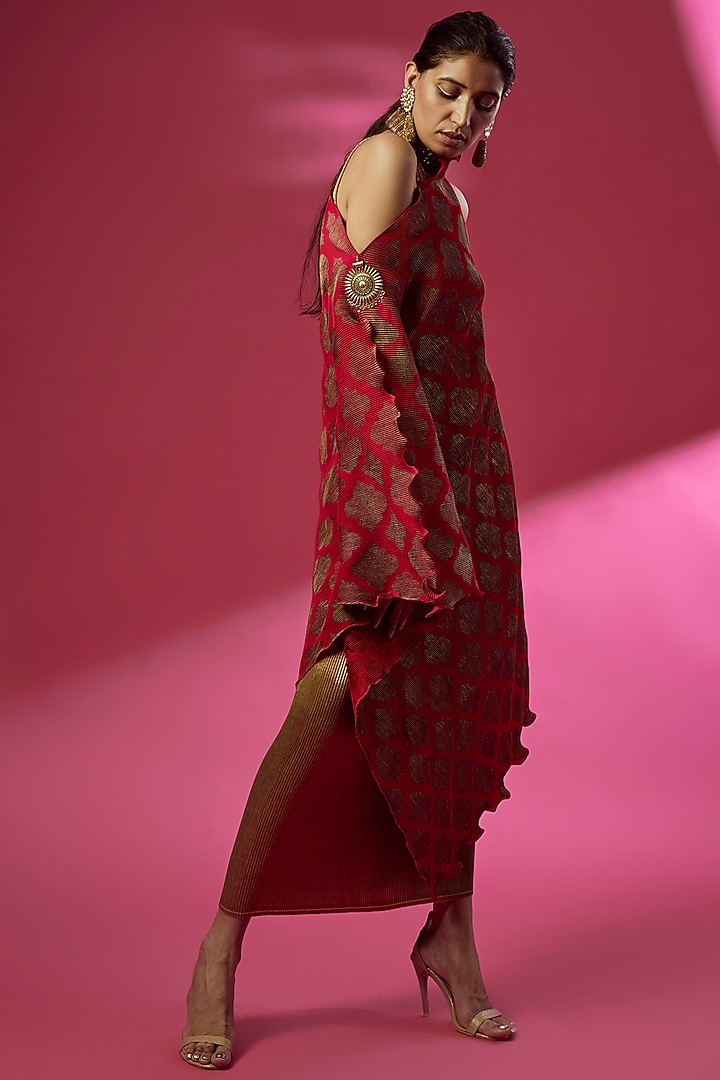 Red Pleated Polyester Printed Cocktail Dress With Drape by Kiran Uttam Ghosh at Pernia's Pop Up Shop