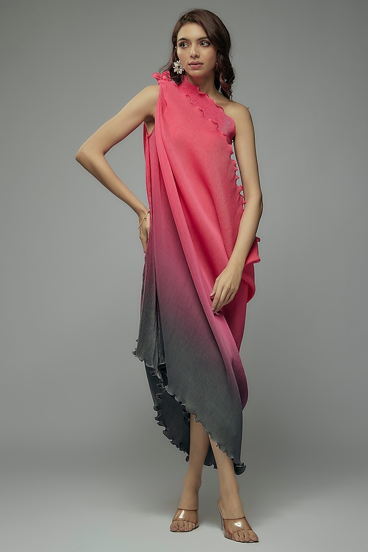 Pink & Grey Pleated Polyester Tunic by Kiran Uttam Ghosh