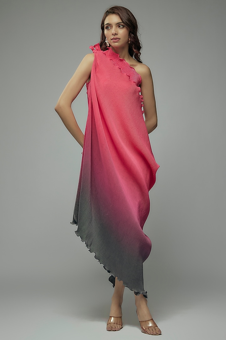 Pink & Grey Pleated Polyester Tunic by Kiran Uttam Ghosh at Pernia's Pop Up Shop