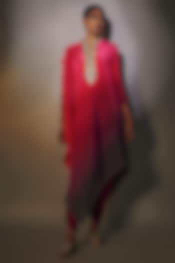 Fuchsia & Grey Pleated Polyester Embroidered Ombre Draped Kaftan by Kiran Uttam Ghosh
