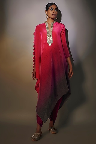 Fuchsia & Grey Pleated Polyester Embroidered Ombre Draped Kaftan by Kiran Uttam Ghosh
