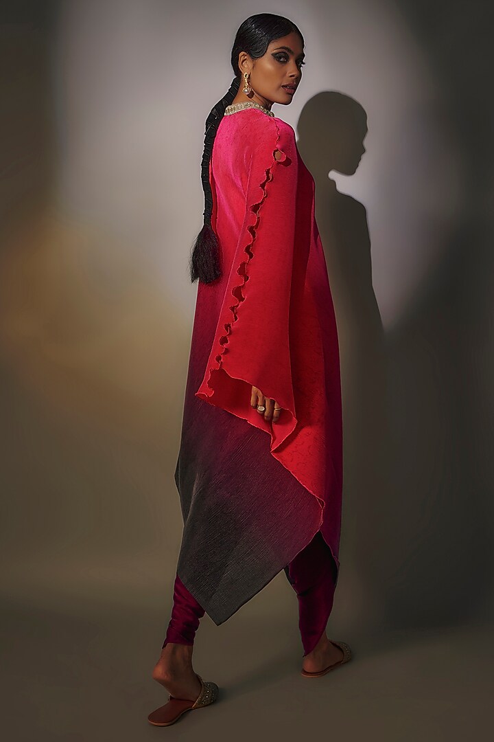 Fuchsia & Grey Pleated Polyester Embroidered Ombre Draped Kaftan by Kiran Uttam Ghosh at Pernia's Pop Up Shop
