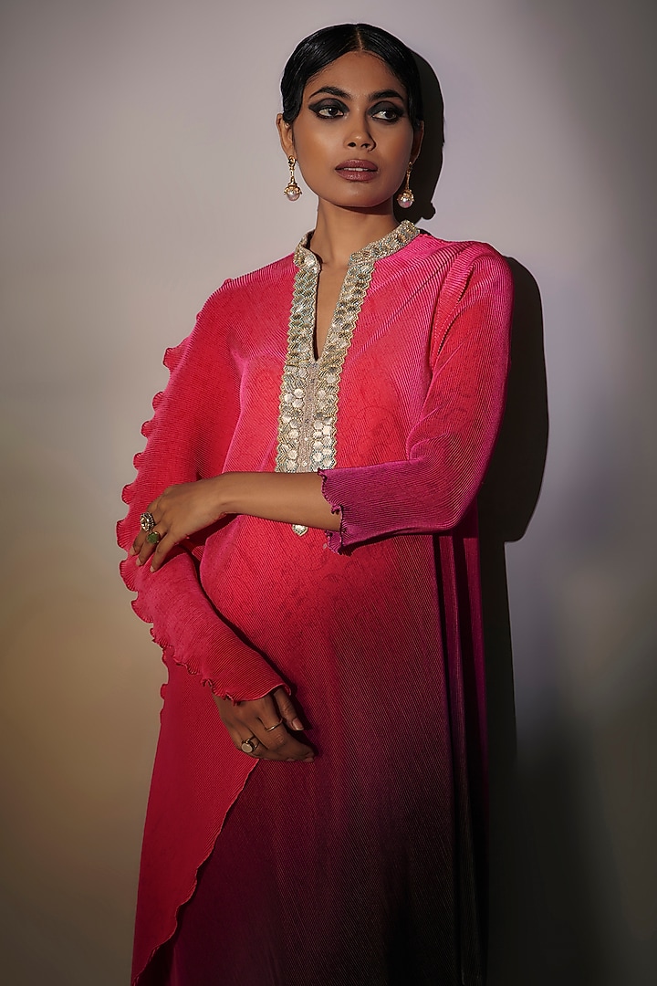 Fuchsia & Grey Pleated Polyester Embroidered Ombre Draped Kaftan by Kiran Uttam Ghosh at Pernia's Pop Up Shop