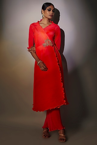 Coral Pleated Polyester Motif Work Angrakha Kurta by Kiran Uttam Ghosh