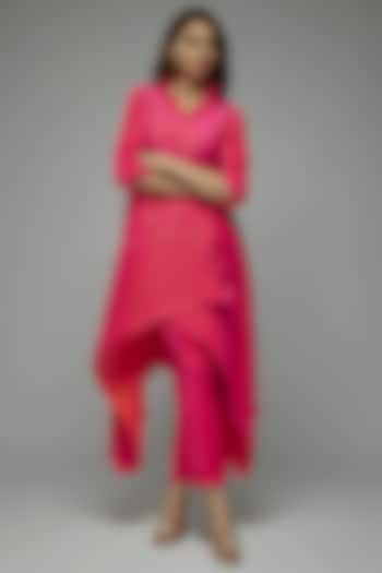 Pink Pleated Polyester Kurta by Kiran Uttam Ghosh