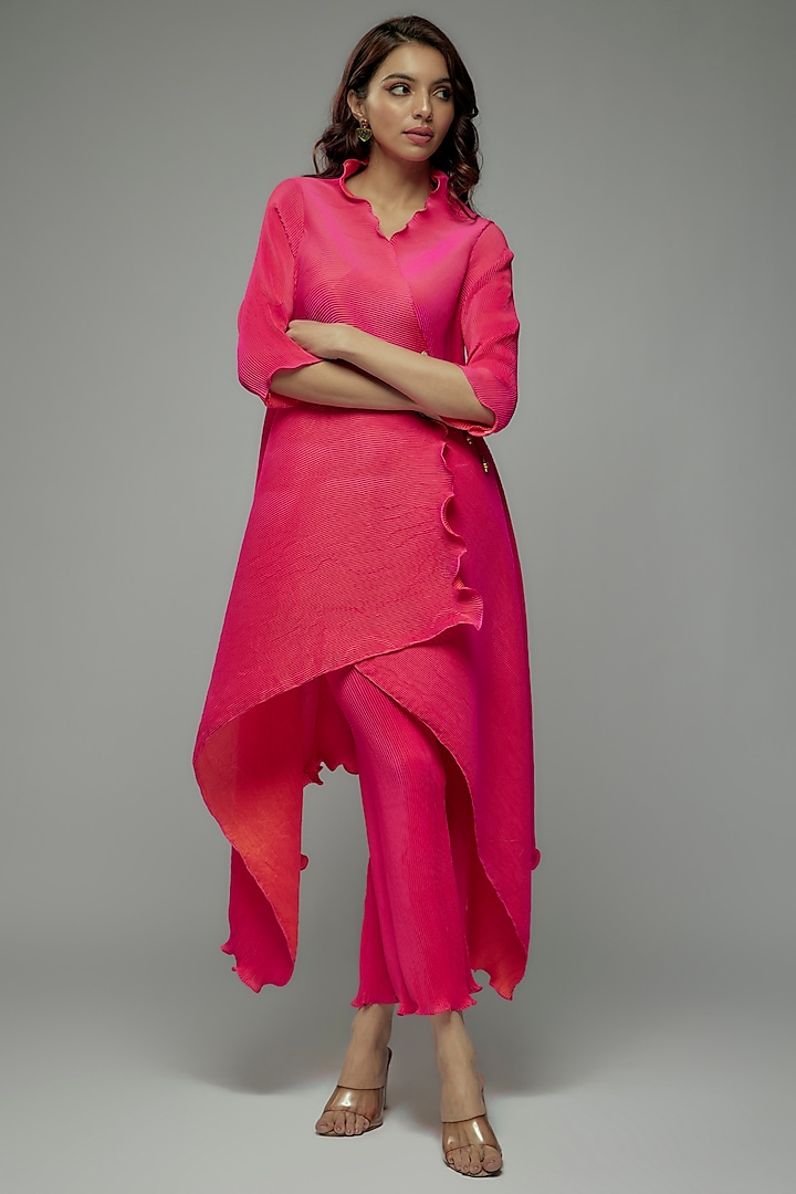 Pink Pleated Polyester Kurta by Kiran Uttam Ghosh