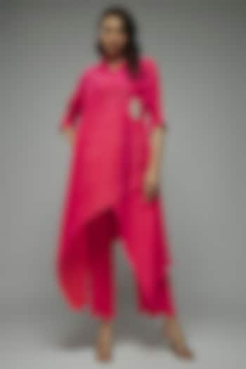 Pink Pleated Polyester Pants by Kiran Uttam Ghosh at Pernia's Pop Up Shop