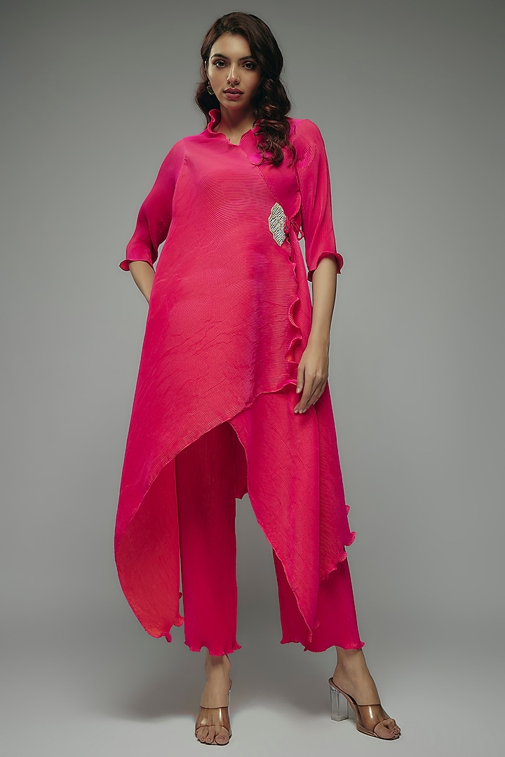 Pink Pleated Polyester Pants by Kiran Uttam Ghosh at Pernia's Pop Up Shop