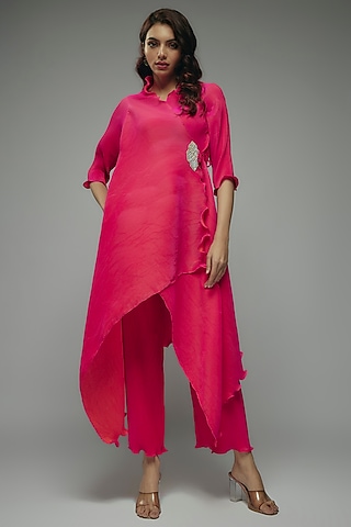 Pink Pleated Polyester Pants by Kiran Uttam Ghosh