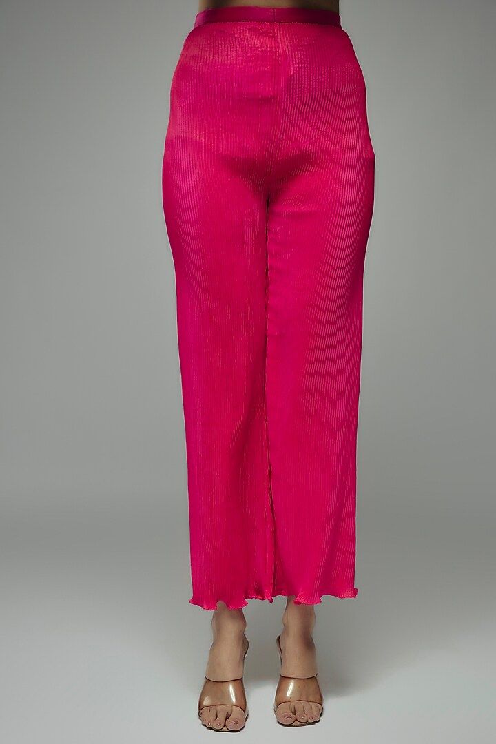 Pink Pleated Polyester Pants by Kiran Uttam Ghosh at Pernia's Pop Up Shop