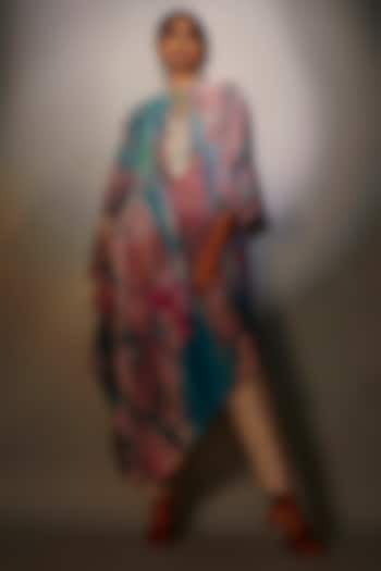 Multi-Colored Pleated Polyester Printed & Embroidered Kaftan by Kiran Uttam Ghosh
