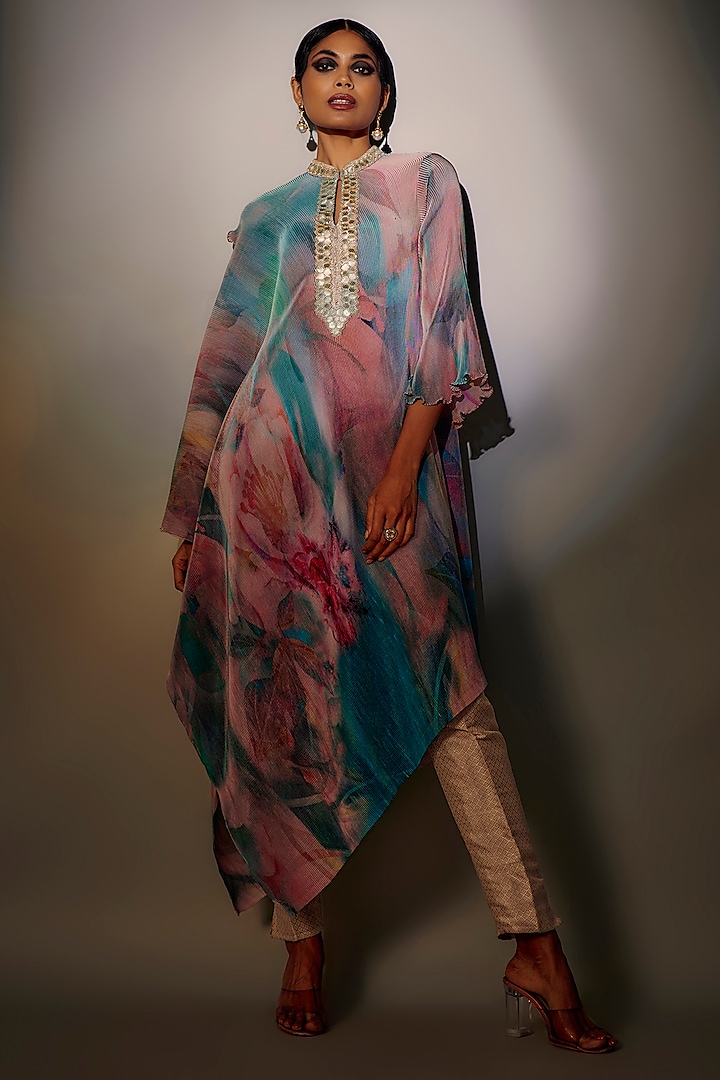 Multi-Colored Pleated Polyester Printed & Embroidered Kaftan by Kiran Uttam Ghosh