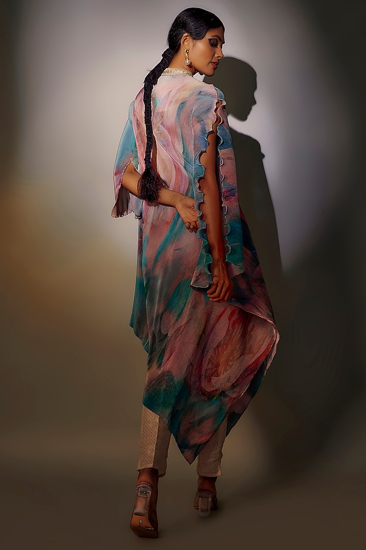 Multi-Colored Pleated Polyester Printed & Embroidered Kaftan by Kiran Uttam Ghosh at Pernia's Pop Up Shop