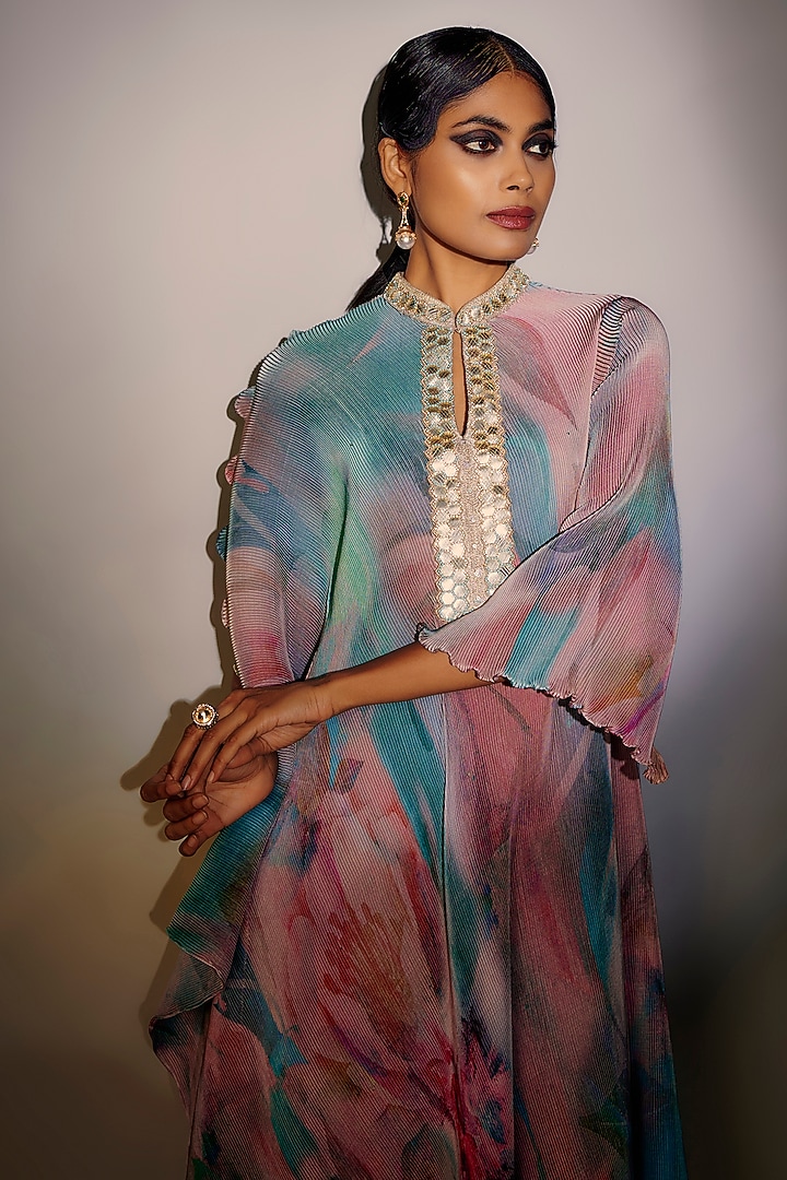Multi-Colored Pleated Polyester Printed & Embroidered Kaftan by Kiran Uttam Ghosh at Pernia's Pop Up Shop