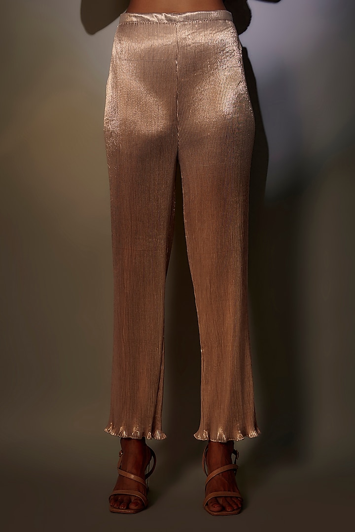 Gold Pleated Polyester Trousers by Kiran Uttam Ghosh