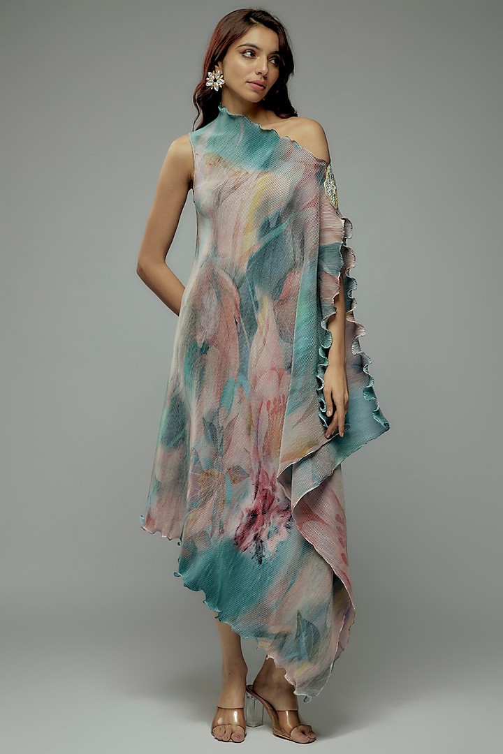 Teal & Pink Pleated Polyester Tunic by Kiran Uttam Ghosh