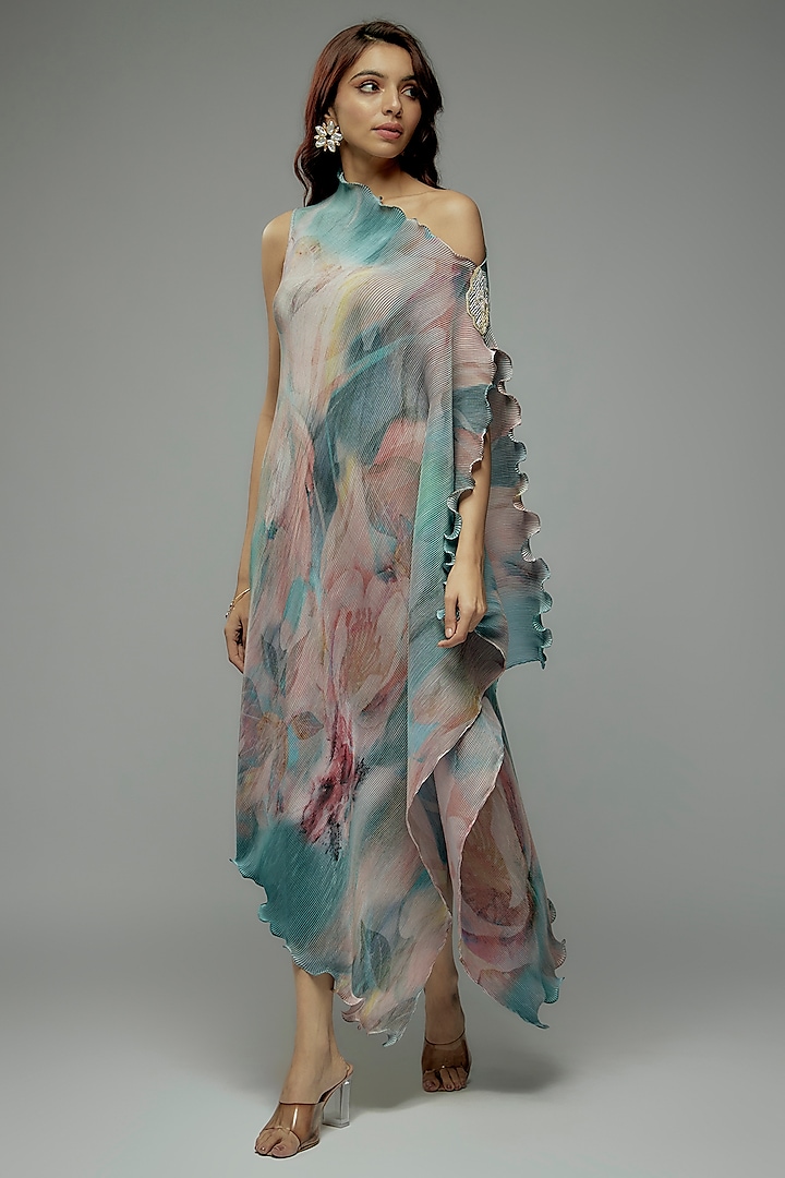 Teal & Pink Pleated Polyester Tunic by Kiran Uttam Ghosh at Pernia's Pop Up Shop