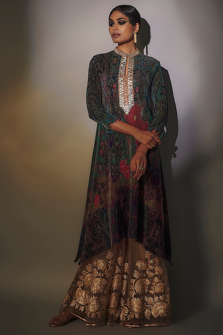 Green Pleated Polyester Printed & Embroidered Kaftan by Kiran Uttam Ghosh