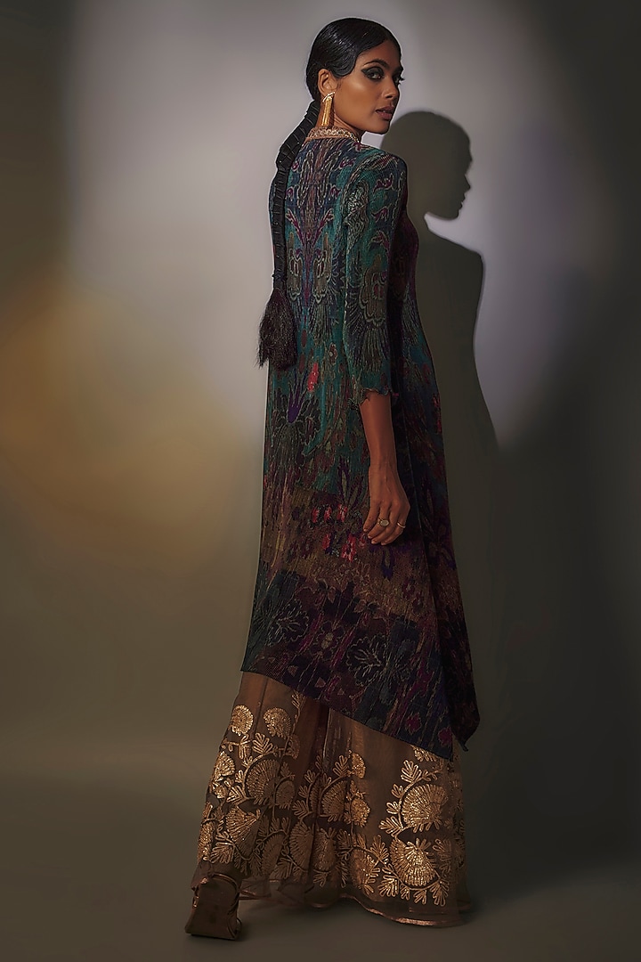 Green Pleated Polyester Printed & Embroidered Kaftan by Kiran Uttam Ghosh at Pernia's Pop Up Shop