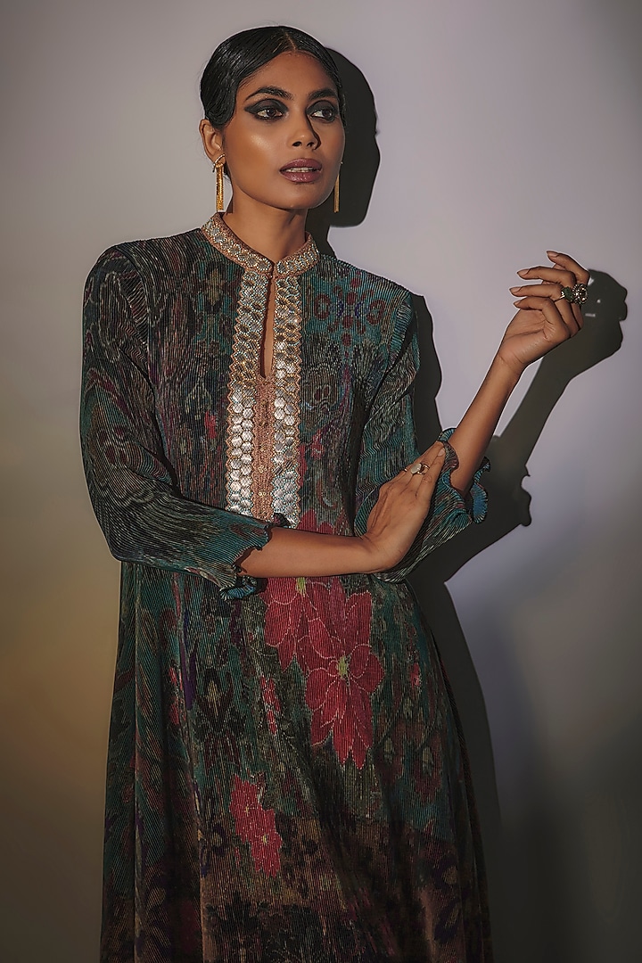 Green Pleated Polyester Printed & Embroidered Kaftan by Kiran Uttam Ghosh at Pernia's Pop Up Shop