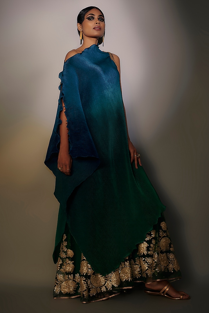 Green Net & Taffeta Gota Embroidered Sharara Pants by Kiran Uttam Ghosh at Pernia's Pop Up Shop