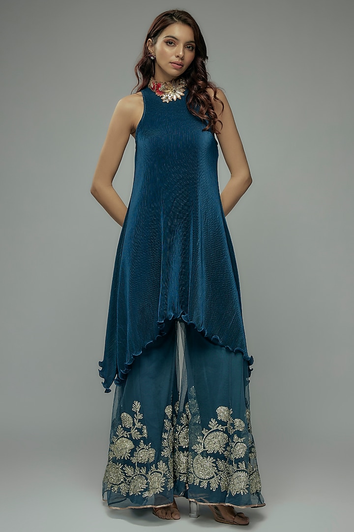 Blue Pleated Polyester Kurta by Kiran Uttam Ghosh at Pernia's Pop Up Shop