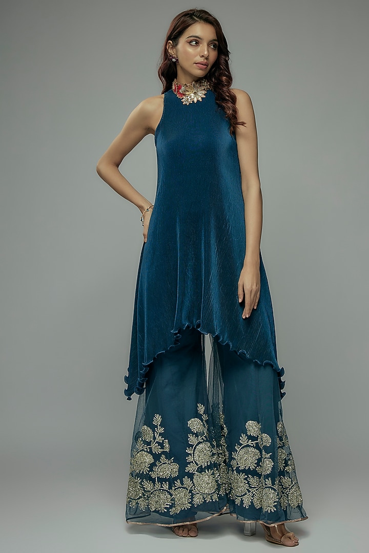 Blue Pleated Polyester Kurta by Kiran Uttam Ghosh at Pernia's Pop Up Shop